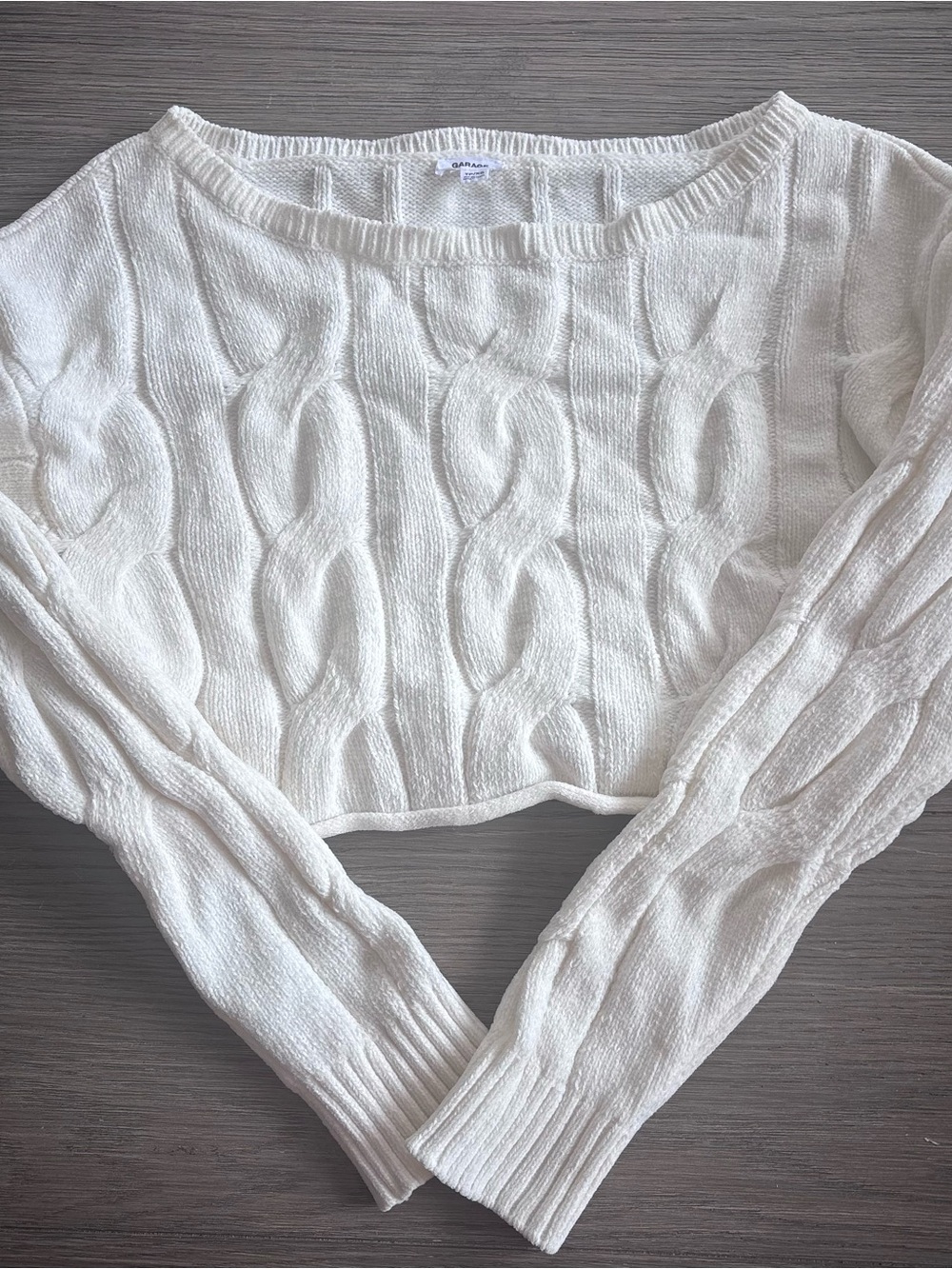 Garage Cream Cable-Knit Cropped Crewneck Sweater